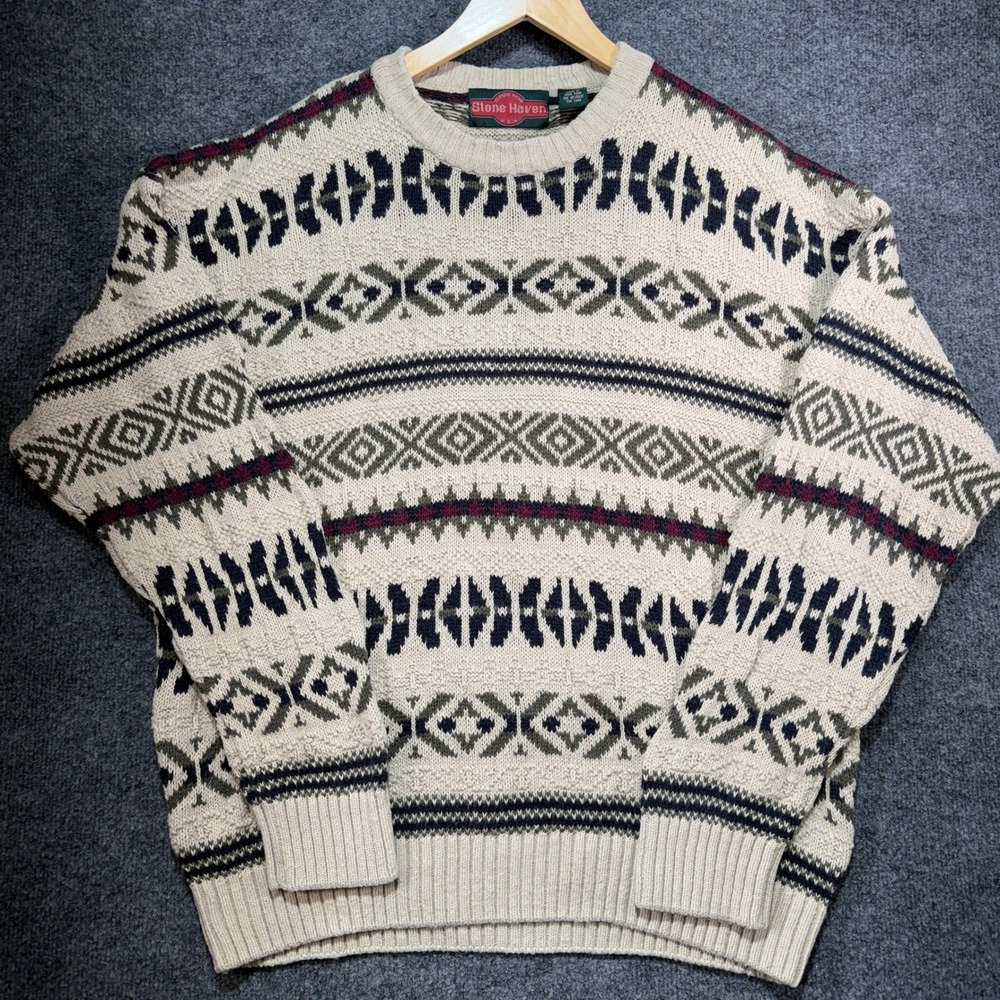 Stone Haven Sweater Mens XL Beige Hemp Geometric Fair Isle Knit Pullover Vintage
